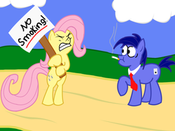 Size: 2048x1536 | Tagged: safe, artist:beastofbizzaro, fluttershy, oc, oc only, pony, g4, cigarette, necktie, sign, smoking, solo