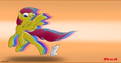 Size: 3960x2080 | Tagged: safe, artist:gtsdev, oc, oc only, pegasus, pony, digital art, feather, notepad, red, smiling, solo, wallpaper
