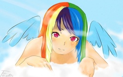 Size: 1465x925 | Tagged: safe, artist:fedte, rainbow dash, human, g4, humanized, solo, winged humanization