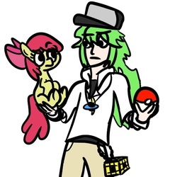 Size: 452x471 | Tagged: safe, artist:heretichesh, apple bloom, earth pony, human, pony, g4, butt touch, clothes, crossover, duo, female, filly, hand on butt, hat, holding, holding a pony, n, natural harmonia gropius, necklace, poké ball, pokémon