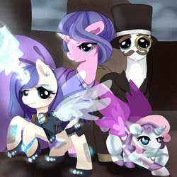 Size: 1000x1000 | Tagged: safe, artist:aruva-chan, cookie crumbles, hondo flanks, rarity, sweetie belle, pony, robot, unicorn, g4, alicornified, artificial wings, augmented, clothes, earring, female, filly, foal, goggles, hat, hooves, horn, magic, magic wings, male, mare, monocle, rarity's parents, rearing, ship:cookieflanks, stallion, steampunk, sweetie bot, top hat, wings