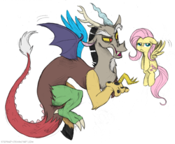 Size: 4106x3380 | Tagged: safe, artist:stepandy, discord, fluttershy, draconequus, pegasus, pony, g4, keep calm and flutter on, annoyed, colored sketch, duo, female, floating, fluttershy is not amused, flying, male, simple background, transparent background, unamused
