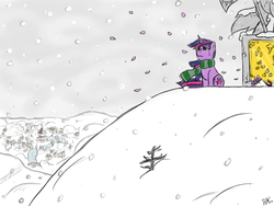Size: 1600x1200 | Tagged: safe, artist:kudalyn, twilight sparkle, pony, g4, clothes, crying, female, flower, grave, ponyville, sad, scarf, scenery, snow, snowfall, solo, statue, windswept mane, winter