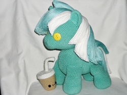 Size: 1024x768 | Tagged: safe, artist:masterplanner, lyra heartstrings, pony, g4, amigurumi, crochet, irl, photo, plushie, smoothie, soda, solo