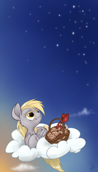 Size: 1440x2520 | Tagged: safe, artist:zoidledoidle, derpy hooves, pegasus, pony, g4, basket, cloud, female, mare, muffin, solo, stars