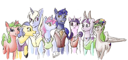 Size: 1695x800 | Tagged: safe, artist:archonix, night light, twilight velvet, oc, oc:cinnamon swift, oc:crincile de botici, oc:crystal glimmer, oc:glint garnet, oc:scintilla, oc:star sparkle, fanfic:xenophilia, g4, askstarsparkle, harem, herd, polyamory, polygamy, simple background, white background