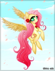 Size: 1751x2245 | Tagged: safe, artist:g-malcott, fluttershy, pony, g4, cherry blossoms, cloud, cloudy, female, flower, solo