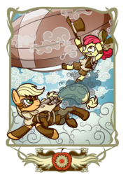 Size: 2200x3000 | Tagged: safe, artist:noreasontohope, apple bloom, applejack, g4, airship, clothes, cloud, cloudy, jetpack, smoke, steampunk