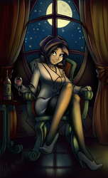 Size: 1050x1725 | Tagged: safe, artist:glancojusticar, rarity, elf, human, g4, alcohol, clothes, crossed legs, dark, drink, female, high heels, humanized, legs, moon, nail polish, night, pantyhose, shoes, sitting, skirt, skirt suit, solo, suit, tube skirt, unicorns as elves, window, wine, wine bottle, wine glass