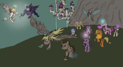 Size: 2000x1088 | Tagged: safe, artist:dragonsanddreamscape, applejack, derpy hooves, doctor whooves, fluttershy, pinkie pie, princess cadance, princess celestia, princess luna, rainbow dash, rarity, shining armor, time turner, twilight sparkle, pegasus, pony, g4, elements of harmony, female, mane six, mare