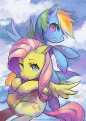 Size: 1240x1754 | Tagged: safe, artist:shinigamiwyvern, fluttershy, rainbow dash, g4, cloud, cloudy