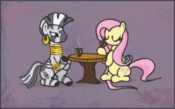 Size: 1921x1201 | Tagged: safe, artist:finalflutter, fluttershy, zecora, zebra, g4, drink, tea