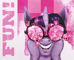 Size: 2647x2140 | Tagged: safe, artist:miradge, pinkie pie, twilight sparkle, g4, too many pinkie pies, against glass, clone, glasses, micro, multeity, surreal