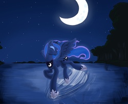 Size: 2337x1903 | Tagged: safe, artist:otakuap, princess luna, alicorn, pony, g4, crown, ethereal mane, eyes closed, female, forest, happy, hoof shoes, horn, jewelry, moon, night, reflection, regalia, smiling, solo, spread wings, stars, tree, water, wings