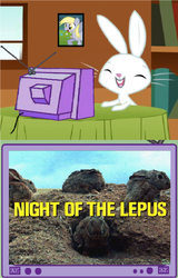 Size: 383x600 | Tagged: safe, angel bunny, derpy hooves, pegasus, pony, g4, exploitable meme, female, mare, meme, night of the lepus, tv meme