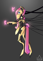 Size: 2070x2890 | Tagged: safe, artist:pon-ee, fluttershy, pegasus, pony, robot, robot pony, semi-anthro, g4, bipedal, cyber, female, solo