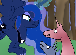 Size: 900x652 | Tagged: safe, artist:emmymew13, princess luna, g4, blue, charlie the unicorn, pink, scrunchy face, you're dead