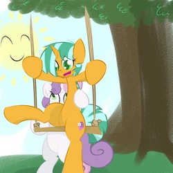 Size: 1000x1000 | Tagged: dead source, safe, artist:kryptchild, snails, sweetie belle, ask glitter shell, g4, glitter shell, male, sun, swing, trap, tree