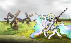 Size: 2000x1225 | Tagged: safe, artist:dcpip, derpy hooves, princess celestia, pegasus, pony, g4, butt, don quixote, female, lance, mare, miguel de cervantes, parody, plot, ponies riding ponies, riding, windmill