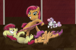 Size: 1600x1059 | Tagged: safe, artist:naterrang, apple bloom, babs seed, scootaloo, sweetie belle, g4, bullying, cutie mark crusaders, misleading thumbnail, mud, rain