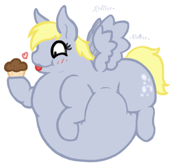 Size: 546x530 | Tagged: safe, artist:queenfrau, derpy hooves, pegasus, pony, g4, aderpose, belly, cupcake, fat, female, mare, muffin, obese, that pony sure does love muffins