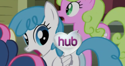 Size: 500x263 | Tagged: safe, screencap, bon bon, daisy, flower wishes, lightning bolt, sweetie drops, white lightning, earth pony, pegasus, pony, g4, butt, female, hub logo, hubble, lightning plot, mare, plot, whitebutt