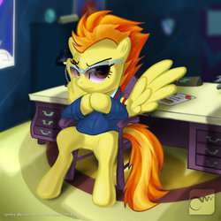 Size: 800x800 | Tagged: safe, artist:marzzel, spitfire, pegasus, pony, g4, chair, clothes, desk, file cabinet, looking at you, office, sitting, spitfire's eyebrows, spitfire's office, uniform, wonderbolts dress uniform