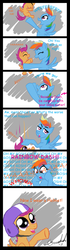 Size: 700x2500 | Tagged: safe, artist:gavalanche, rainbow dash, scootaloo, pony, g4, accident, comic, comic sans, falling, female, filly, giggling, glowing eyes, mare, mother, pointing, sisters, squishy cheeks, throwing