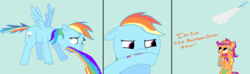 Size: 1879x555 | Tagged: safe, rainbow dash, scootaloo, g4, puking rainbows, rainbow, scootabuse, vomit