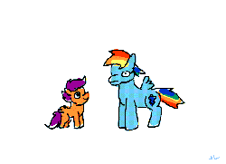Size: 550x400 | Tagged: safe, artist:docwario, rainbow dash, scootaloo, pegasus, pony, g4, animated, asdfmovie, duo, female, filly, frame by frame, mare, perfect loop, puffy cheeks, puking rainbows, rainbow, scootabuse, scootobsession, simple background, squick, vomit, wat, white background