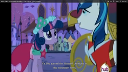 Size: 1360x768 | Tagged: safe, screencap, bruce mane, eclair créme, shining armor, twilight sparkle, a canterlot wedding, g4, letterboxing, youtube caption