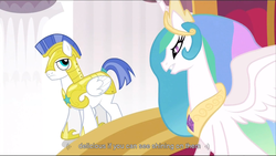 Size: 1360x768 | Tagged: safe, edit, edited screencap, screencap, princess celestia, alicorn, pegasus, pony, g4, the crystal empire, female, male, mare, pegasus royal guard, royal guard, stallion, youtube caption