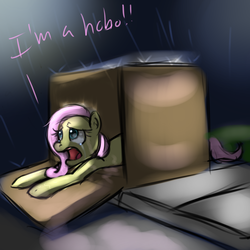 Size: 1024x1024 | Tagged: safe, artist:imsokyo, fluttershy, g4, box, flutterbox, hobo, homeless, sad