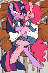 Size: 700x1068 | Tagged: safe, artist:ghost, pinkie pie, twilight sparkle, g4, blushing, classroom, clothes, desk, eyes closed, female, lesbian, sailor uniform, school uniform, ship:twinkie, shipping