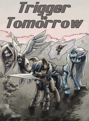 Size: 789x1078 | Tagged: safe, artist:spyroconspirator, oc, oc only, oc:arcaidia, oc:bb, oc:longwalk, fallout equestria, fallout equestria x wild arms: trigger to tomorrow, g4, alien blaster, armor, clothes, cover art, fanfic, fanfic art, fanfic cover, magic, magical energy weapon, pipbuck, spear, telekinesis, trio, weapon, wild arms