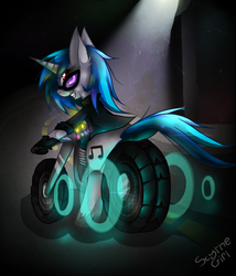 Size: 600x700 | Tagged: safe, artist:scythegirl, dj pon-3, vinyl scratch, pony, unicorn, g4, clothes, female, futuristic, gloves, grin, highway, looking back, mare, motorcycle, signature, smiling, solo, sunglasses, wrong eye color
