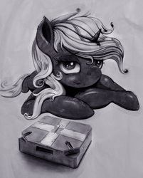 Size: 1607x2000 | Tagged: dead source, safe, artist:hereticofdune, oc, oc only, oc:velvet remedy, pony, unicorn, fallout equestria, black and white, fanfic, fanfic art, female, fluttershy medical saddlebag, grayscale, horn, mare, medical saddlebag, monochrome, saddle bag, simple background, solo, white background