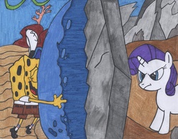 Size: 3258x2539 | Tagged: safe, artist:k17703r, rarity, g4, season 1, the cutie mark chronicles, crossover, dumb rock, filly, male, pizza delivery, rock, spongebob squarepants, spongebob squarepants (character), traditional art