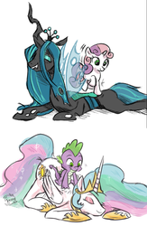 Size: 666x1021 | Tagged: safe, artist:herny, princess celestia, queen chrysalis, spike, sweetie belle, alicorn, changeling, changeling queen, dragon, pony, unicorn, g4, back scratching, cutie mark, eyes closed, fangs, female, horn, jewelry, male, massage, regalia, smiling, wings