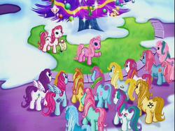Size: 640x480 | Tagged: safe, screencap, bowtie (g3), bumblesweet (g3), cloud climber, desert rose, gem blossom, glitter glide, minty, moondancer (g3), piccolo, pinkie pie (g3), rainbow dash (g3), starbeam, sunny daze (g3), thistle whistle, earth pony, pegasus, pony, a very minty christmas, g3, adorablossom, christmas, christmas tree, climberbetes, crowd, cute, diacolo, female, g3 adorabeam, g3 bumbledorable, g3 dancerbetes, g3 dashabetes, g3 dazeabetes, g3 diapinkes, g3 glitterbetes, g3 rosabetes, g3 tieabetes, group, holiday, judge, mare, mintabetes, talking, thistlebetes, tree, winter