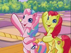 Size: 640x480 | Tagged: safe, screencap, fiesta flair, glitter glide, earth pony, pony, g3, the princess promenade, bipedal, duo, female, fiestabetes, friends, friendship and flowers, g3 glitterbetes, mare, open mouth, open smile, rope, smiling, waving