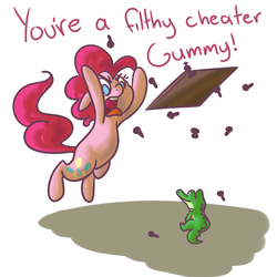 Size: 1000x1000 | Tagged: safe, artist:ponygoggles, gummy, pinkie pie, alligator, earth pony, pony, g4, chess, chessboard, female, floppy ears, frown, glare, gummy is a filthy cheater, mare, open mouth, rage quit, simple background, smiling, table flip, text, throwing, tongue out, white background