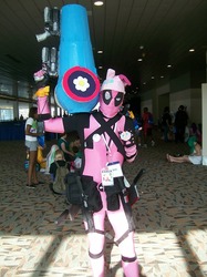 Size: 500x667 | Tagged: safe, pinkie pie, human, g4, convention, cosplay, costume, deadpool, irl, irl human, party cannon, photo