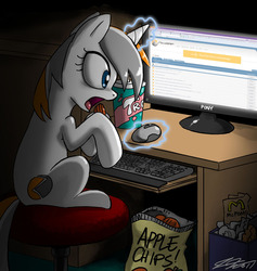 Size: 900x950 | Tagged: safe, artist:johnjoseco, oc, oc:belle eve, pony, belle eve, chips, computer, mascot, neogaf, ponified, solo