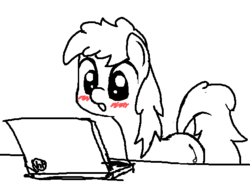Size: 562x416 | Tagged: safe, oc, oc only, :o, blushing, computer, eyes open, laptop computer, looking at something, open mouth, partial color, simple background, solo, white background