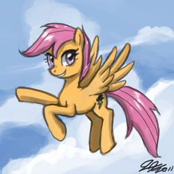 Size: 900x900 | Tagged: safe, artist:johnjoseco, scootaloo, pegasus, pony, g4, alternate cutie mark, cloud, female, flying, mare, older, scootaloo can fly, sky, solo