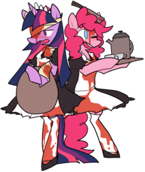 Size: 1000x1191 | Tagged: safe, artist:ghost, pinkie pie, twilight sparkle, pony, g4, bandage, bipedal, blood, clothes, costume, costume blood, injured, maid, waitress