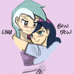 Size: 362x360 | Tagged: safe, artist:johnjoseco, artist:krekka01, bon bon, lyra heartstrings, sweetie drops, human, g4, female, hug, humanized, lesbian, ship:lyrabon, shipping