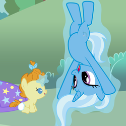 Size: 4320x4320 | Tagged: safe, artist:beavernator, pumpkin cake, trixie, pony, unicorn, g4, absurd resolution, baby, baby pony, clothes, diaper, duo, duo female, female, filly, foal, hat, magic, mare, open mouth, open smile, smiling, telekinesis, trixie's hat, upside down