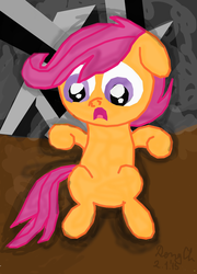 Size: 1024x1422 | Tagged: safe, artist:denych, scootaloo, g4, implied scootabuse, scared